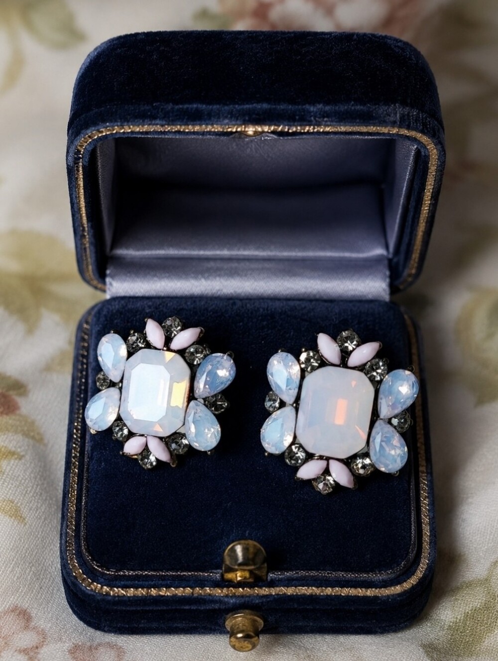 Pink Blue Opaline Emerald Cut Teardrop Glass Unsigned Post Pierced Earrings